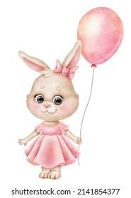 Cute baby bunny girl with a balloon, in a pink dress. Watercolor illustration isolated on white background. Perfect for design of baby posters, cards, textiles, invitations, baby shower.