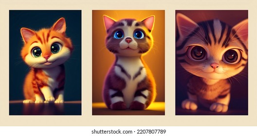 Cute Baby Cat Pixar Dreamworks Character. 3d Digital Art For Wall Decor