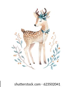 Cute baby deer animal for kindergarten, nursery isolated illustration for children clothing, pattern. WatercolorHand drawn boho image Perfect for phone cases design, nursery posters, postcards