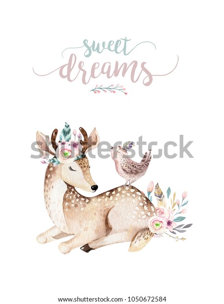 ボヘミアン花柄のカードとかわいい鹿の子鹿動物の保育器 水彩のボホの森の漫画の誕生日パトリー招待状保育士 挨拶デザイン パターンに最適 のイラスト素材