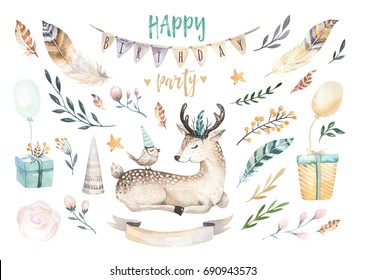 Cute Baby Deer Nursery Animal Isolated Illustration For Children. Bohemian Watercolor Boho Forest Deer Family Drawing, Watercolour Image. Perfect For Nursery Posters, Patterns. Birthday Invite.