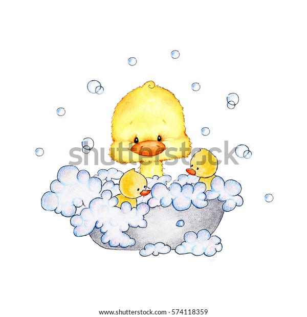 かわいい赤ちゃんアヒルがお風呂に入る のイラスト素材