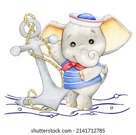 Cute baby elephant, anchor, sea, watercolor clipart, in cartoon style on a polished background.