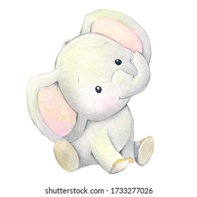 Cute Baby Elephant In A Cartoon Style. Watercolor Animal, On An Isolated Background, For Children's Holidays.