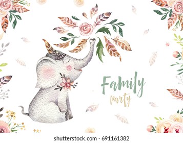 Cute baby elephant nursery animal isolated illustration for children  Bohemian watercolor boho forest elephant family drawing  watercolour image  Perfect for nursery posters  patterns  Birthday invite
