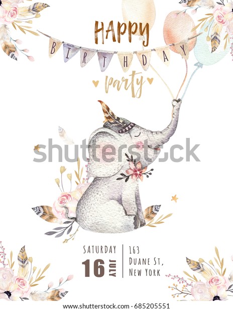 子ども向けのかわいい子ゾウの保育園動物 ボヘミアの水彩ボホの森象科図 水彩画 コドモ部屋のポスター 柄に最適 誕生日の招待 のイラスト素材