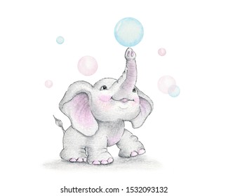 Cute baby elephant and soap bubbles