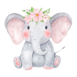 Cute Baby Elephant Watercolor Illustration. Isolated On White Background. African Baby Animal For Baby Shower, Nursery Decorations, Birthday Invitations, Postera, Greeting Card, Fabric. Baby Girl.