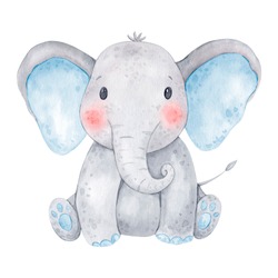 Cute Baby Elephant Watercolor Illustration. Isolated On White Background. African Baby Animal For Baby Shower, Nursery Decorations, Birthday Invitations, Postera, Greeting Card, Fabric. Baby Boy.