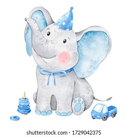 Cute Baby Elephant Watercolor Illustration. Isolated On White Background. African Baby Animal For Baby Shower, Nursery Decorations, Birthday Invitations, Postera, Greeting Card, Fabric. Baby Boy.