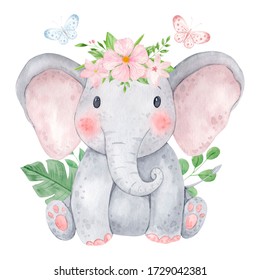 Cute baby elephant watercolor illustration. Isolated on white background. African baby animal for baby shower, nursery decorations, birthday invitations, postera, greeting card, fabric. Baby girl.