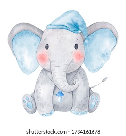 Cute baby elephant watercolor illustration. Isolated on white background. African baby animal for baby shower, nursery decorations, birthday invitations, postera, greeting card, fabric. Baby boy.