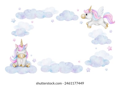 Cute baby fairytale unicorn, clouds, stars. Isolated watercolor frame. Cute layout for kid's goods, invitations, postcards, poster, baby shower and children's room - Powered by Shutterstock