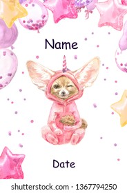 Cute Baby Fennec Fox Animal In Pink Unicorn Pajamas. Fox Print For Children.  Bright Baloons, Gift For The First Birthday, Decor For A Children's Holiday, An Invitation To A Children's Pajama Party