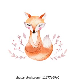 Cute Baby Fox, Animal Nursery  Isolated Illustration For Children. Watercolor Boho Forest Drawing, Watercolour Image Perfect For Nursery Posters