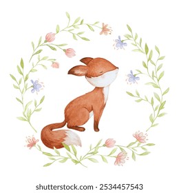 Cute Baby Fox Clipart, Woodland Fox Clipart, Watercolor Baby Birth Announcement Illustration, Watercolor Wreath, Baby Shower Clip Art - Powered by Shutterstock