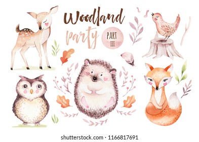 Cute baby fox  deer animal nursery rabbit   bear isolated illustration for children  Watercolor boho forest drawing  watercolour  hedgehog image Perfect for nursery posters