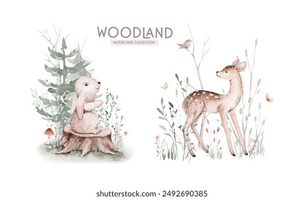 Cute baby fox, deer animal nursery rabbit and bear isolated illustration for children. Watercolor boho forest drawing, hedgehog image. nursery posters - Powered by Shutterstock