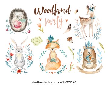 Cute baby fox  deer animal nursery rabbit   bear isolated illustration for children  Watercolor boho forestdrawing  watercolour  hedgehog image Perfect for nursery posters  patterns