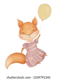 Cute Baby Fox Flying In Air With Baloon, Watercolor Hand Drawn Illustration, Perfect For Baby Shower, Birthday Card, Prints, Poster, White Background, Baby Girl Shower, Fox Wall Art Print, Cute Fox