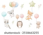 Cute baby fox, koala and bear are flying with balloons. Watercolor animals, flowers and leaves. Hand drawn illustrations set