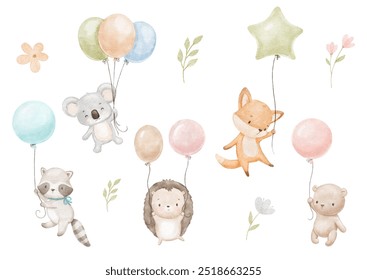 Cute baby fox, koala and bear are flying with balloons. Watercolor animals, flowers and leaves. Hand drawn illustrations set - Powered by Shutterstock