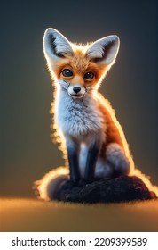 Cute Baby Of Fox Sitting On Stone. Red Fox Portrait.  3D Rendering Of Adorable Furry Fox Pup.