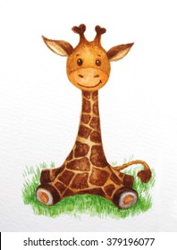 Cute Baby  Giraffe Sitting On Grass, Watercolor.