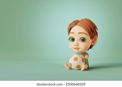 Cute baby girl sitting with ball on green background. 3d render - Powered by Shutterstock