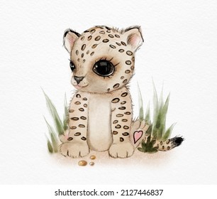 Cute Baby Leopard Jungle Isolated Illustration Watercolor Grass Baby