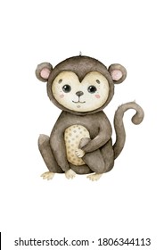 Cute Baby Monkey Hand Drawn Adorable Watercolor African Animals Illustration On White Background.