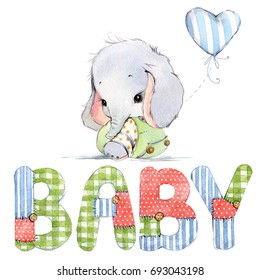 Cute Baby. Newborn Elephant Watercolor Illustration. Birthday Greeting Card