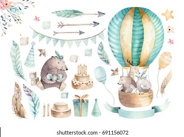 Cute baby nursery on balloon isolated illustration. Bohemian watercolor bohemian bear, cat hipo and deer drawing, watercolour image. nursery posters, baby shower, patterns. Birthday boho invite. - Powered by Shutterstock