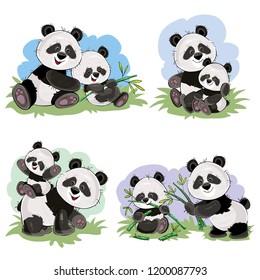 Cute baby panda bear and its mother playing on grass, eating bamboo stems and leaves, cartoon illustration. Wild animal funny characters for kids books, t-shirt print, cards, posters for zoo