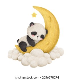 Cute Baby Panda Sleeping On A Moon Illustration