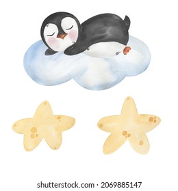 Cute Baby Penguin Clipart, Watercolor Little Sleeping  On The Cloud Arctic White Animal Illustration, Winter Kids Birthday Party, Christmas Card, Baby Shower, Textile