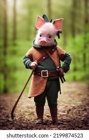 Cute Baby Piglet Dressed As Robin Hood