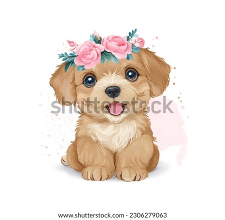 
cute baby puppy dog flower illustration. watercolor dog.  