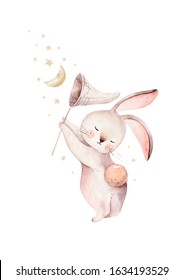 Cute Baby Rabbit Animal Dream Illustration Comet With Gold Stars In Night Sky, Forest Bunny Illustration For Children Clothing. Nursery Wallpaper Poster Woodland Watercolor Hand Drawn Image For Cases 