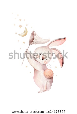 Cute baby rabbit animal dream illustration comet with gold stars in night sky, forest bunny illustration for children clothing. Nursery Wallpaper poster Woodland watercolor Hand drawn image for cases 