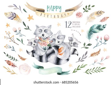 Cute Baby Raccon Nursery Animal Isolated Illustration For Children. Bohemian Watercolor Boho Forest Raccons Family Drawing, Watercolour Image. Perfect For Nursery Posters, Patterns. Birthday Invite.