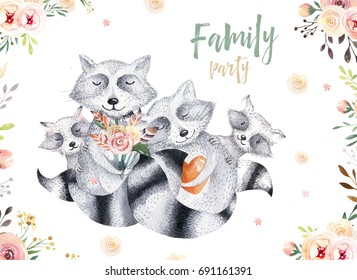 Cute Baby Raccon Nursery Animal Isolated Illustration For Children. Bohemian Watercolor Boho Forest Raccons Family Drawing, Watercolour Image. Perfect For Nursery Posters, Patterns. Birthday Invite.