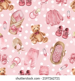 Cute baby seamless pattern with toys and accessories for girl - Powered by Shutterstock