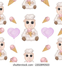 Cute Baby Sheep With Ice Cream And Balloons Seamless Pattern. Hand Drawn Watercolor Adorable Sheep With Ice Cream, Balloons Digital Paper. Isolated On White Background. Design For Kid Wrapping Design