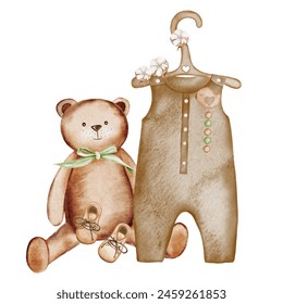 Cute baby shower watercolor invitation card. Composition of children's clothes on a hanger, a teddy bear and boots. Ideal for baby shower cards, clothing store tags, logos - Powered by Shutterstock