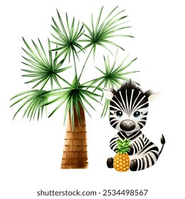 Cute baby zebra with pineapple. Green palm tree. Watercolor hand drawn safari sitting animal illustration isolated on background. For designers, postcards, greetings, birthday, calendar, wallpapers - Powered by Shutterstock