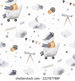 A cute badger has an adventurous dream  Badger travels among clouds  Watercolor seamless pattern  Background for kids room 
