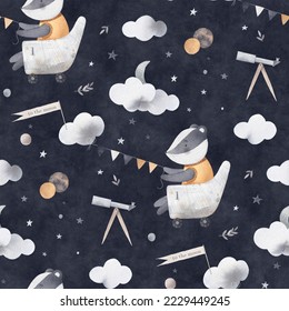 A cute badger has an adventurous dream  Badger travels among clouds  Watercolor seamless pattern  Dark background for kids room 
