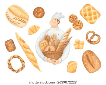 Cute baker with a basket of bread, and a set of pastries: buns, pretzels, bagels, and bread. Watercolor illustration on white background for packaging design, children's content, and cafe branding.