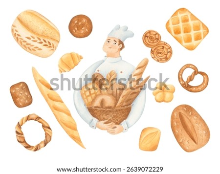 Cute baker with a basket of bread, and a set of pastries: buns, pretzels, bagels, and bread. Watercolor illustration on white background for packaging design, children's content, and cafe branding.